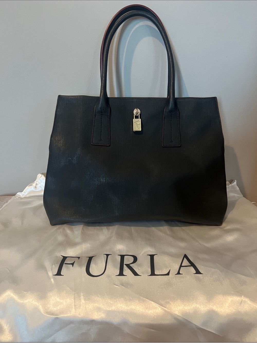 Furla Milano Leather Tote with Gold Padlock